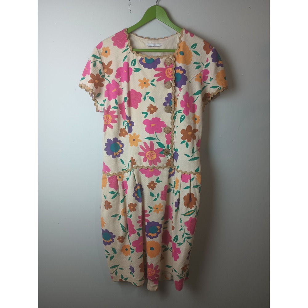 Vintage Floral Scalloped Trim Button Front Midi Dress Cream Pink Large